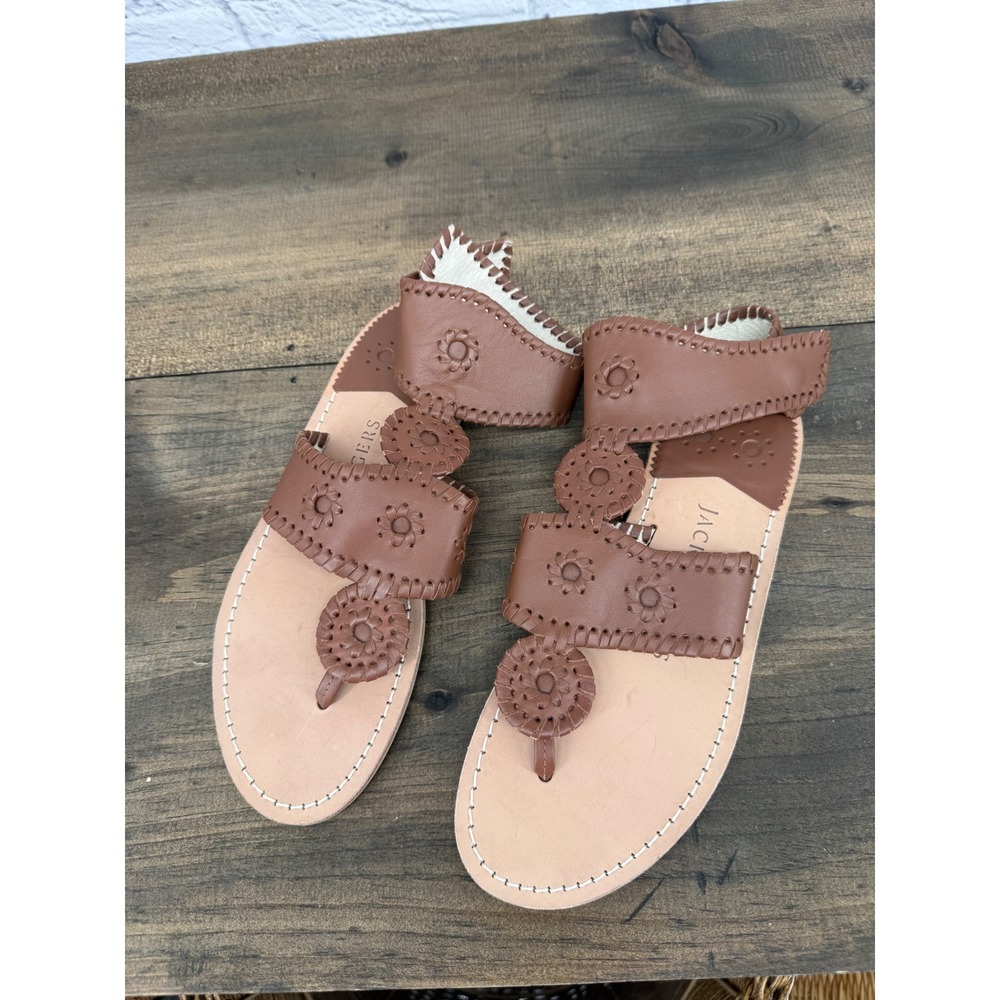 Jack Rogers Cognac Brown Leather Whipstitch Gladiator Thong Sandals Womens 7M - Picture 2 of 10